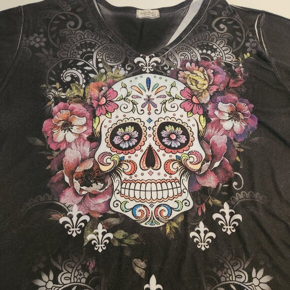 Sweet Gisele Sugar Skull T-Shirt Rhinestone Embellished Double Sided Womens XXL - Picture 3 of 9